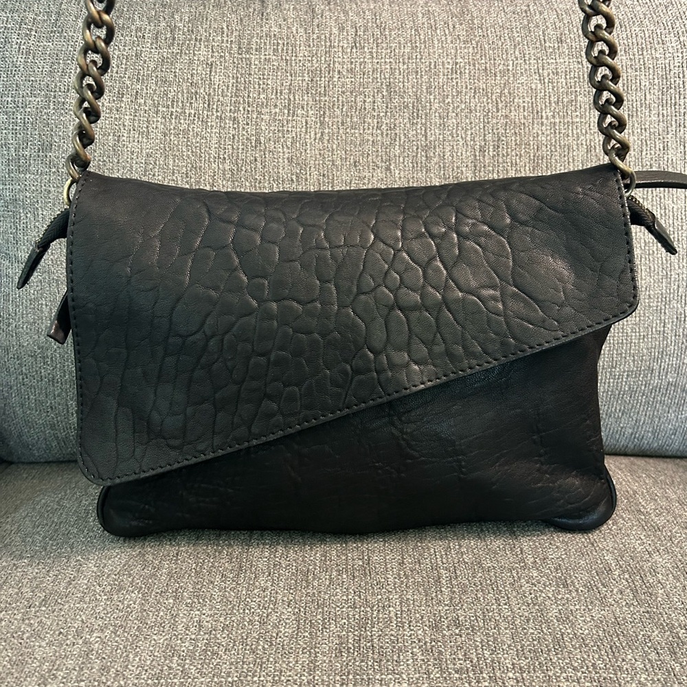 Textured Black Leather Flap Crossbody with Chain Strap